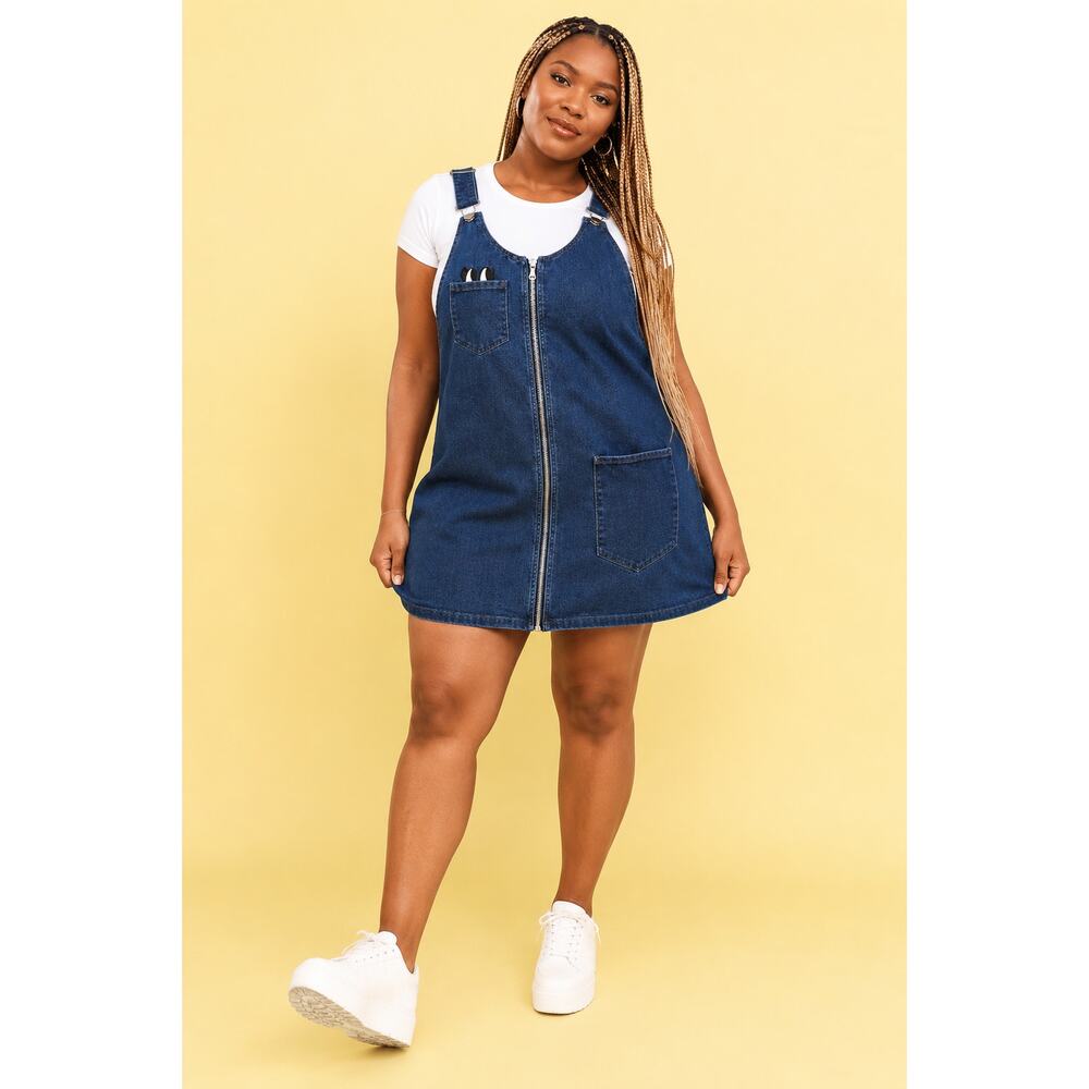 Forever 21 Plus Denim Zip Front Overall Dress Women’s 1X Dark Wash Pinafore